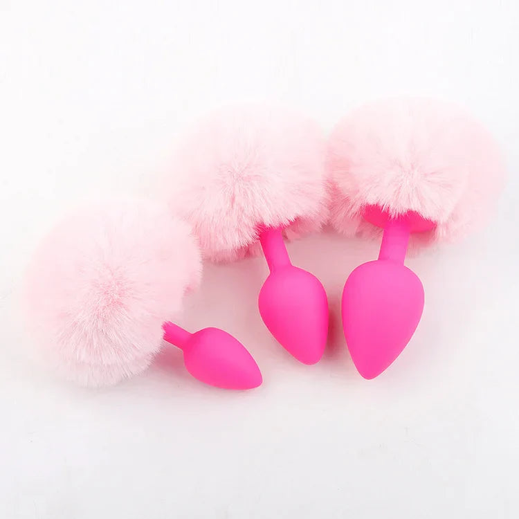 Pure Love Fluffy Bunny Tail, Silicone Anal Butt Plug, 3 Color, Adult Sex Toy