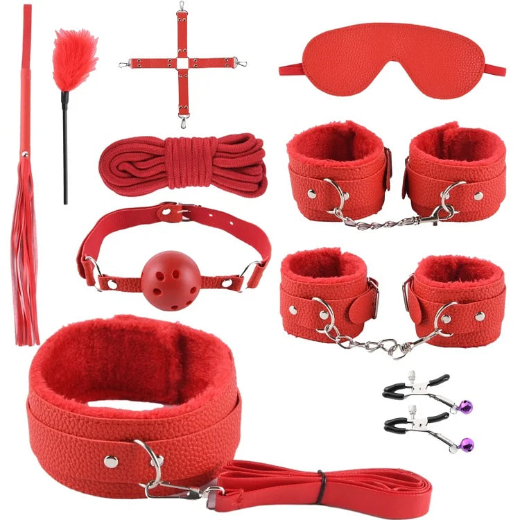 Sm Adult Sex Goods Leather Plush 10-piece Suit Handcuffs Alternative Binding Couples