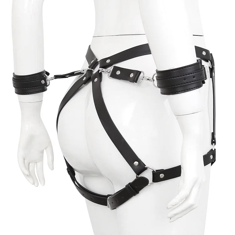 Pu Leather Harness Adjustable With Hand Cuffs Leg Cuffs