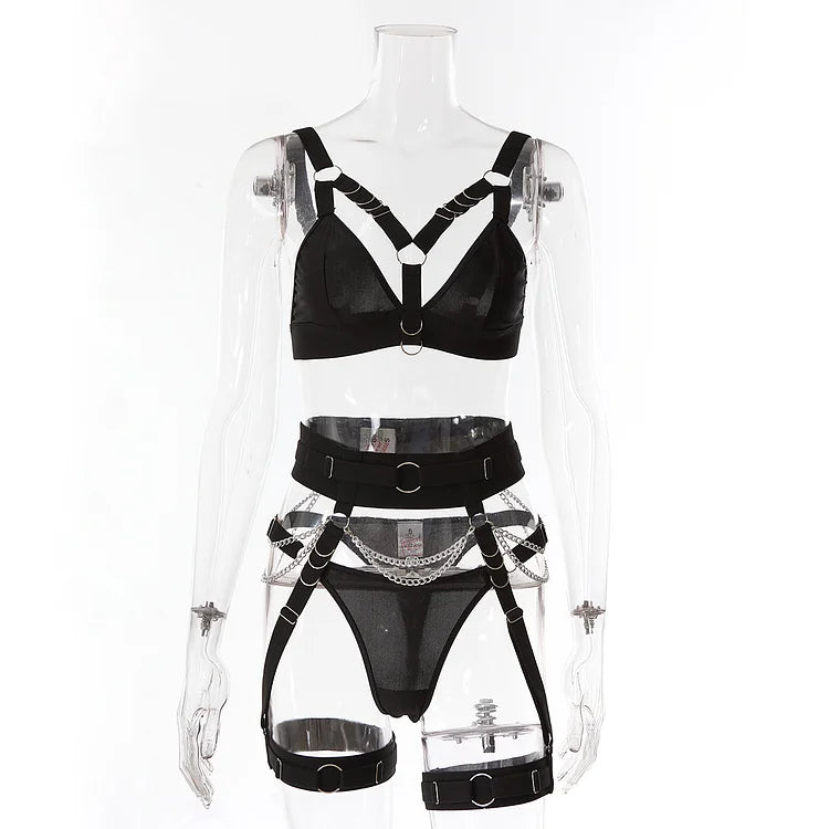 European And American Nightclubs Spice Girl Metal Chain Sexy Lingerie Three Piece Women's Set 23367