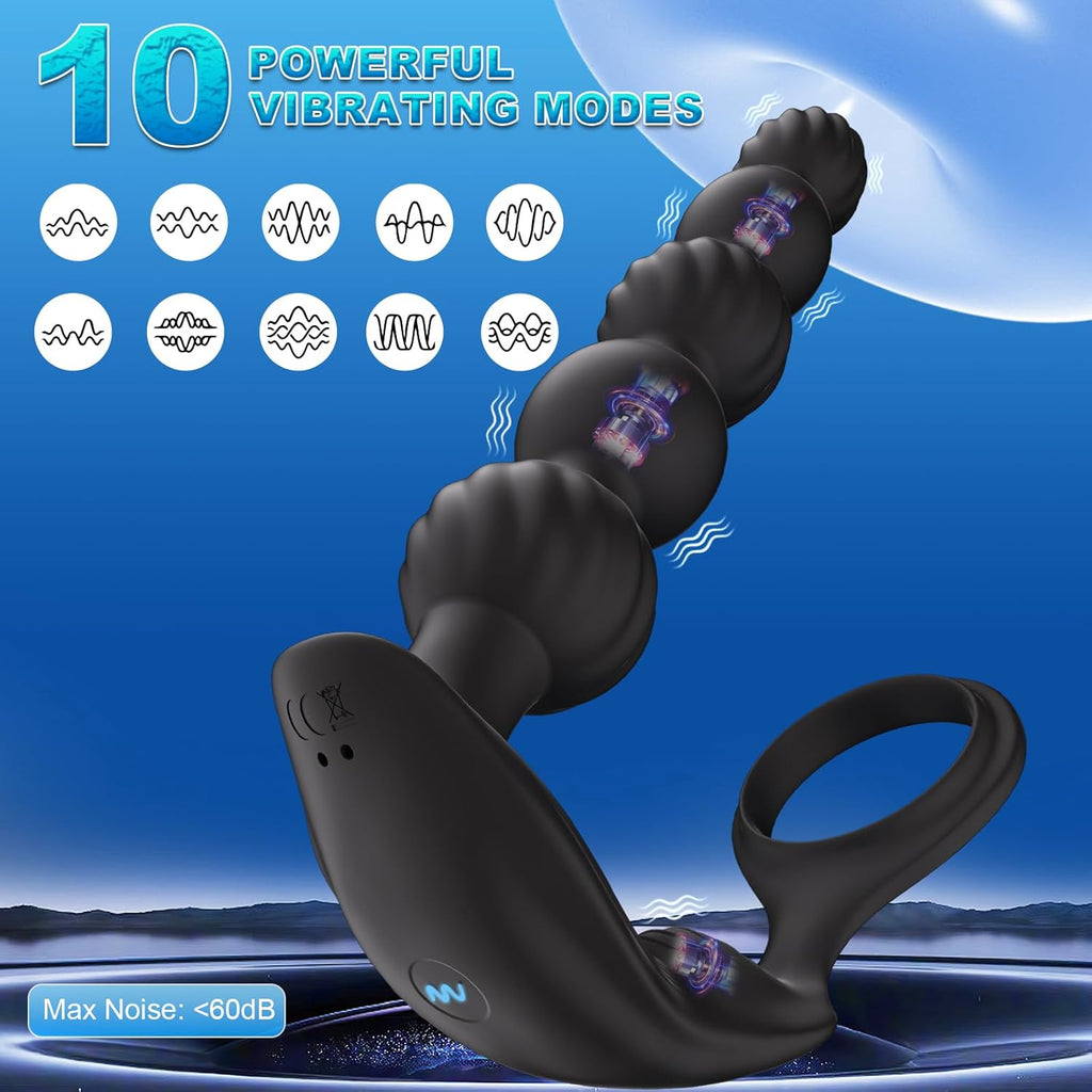 10x Vibrating Anal Beads P-spot Vibe with Penis Cock Ring