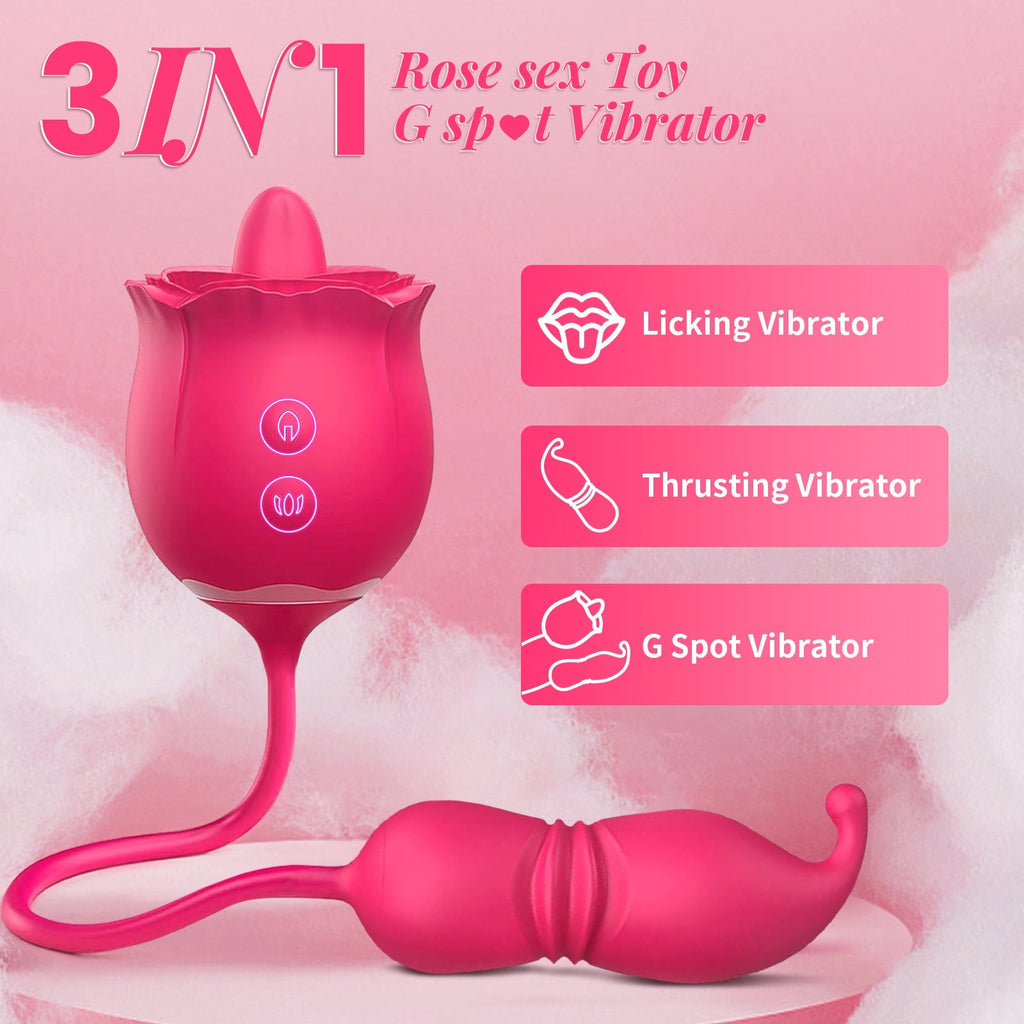 3 In 1 Rose Toy Clit Licking Toy Dildo Tongue G Spot Clitoral Nipple Vibrator