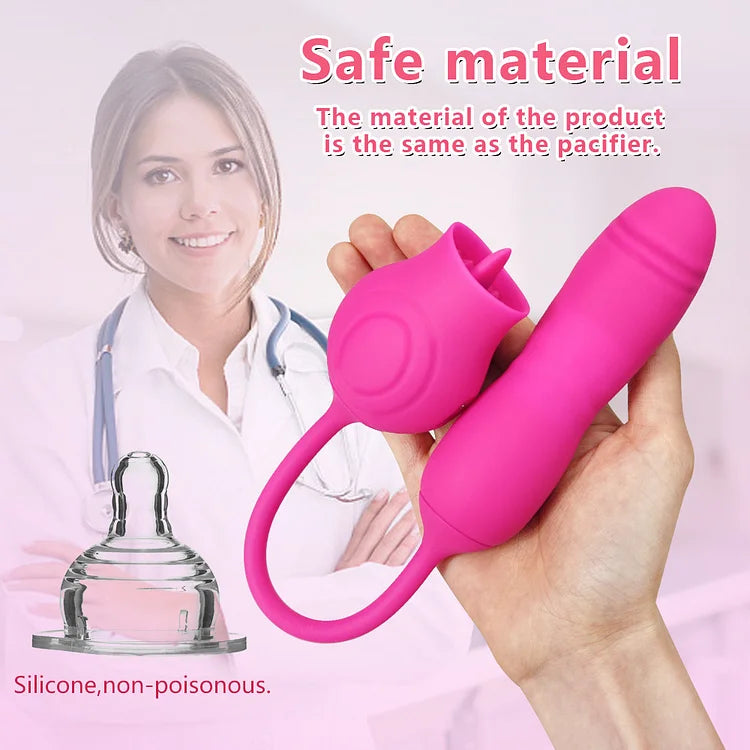 Rose Shape Licking Tongue Vibrator With Nipple Clit Stimulator Thrusting Dildo